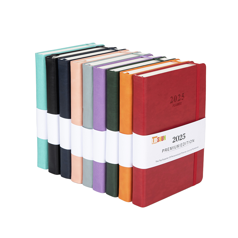 A5 size hardcover pu leather diary 2025 daily planner notebook with elastic band and pen holder