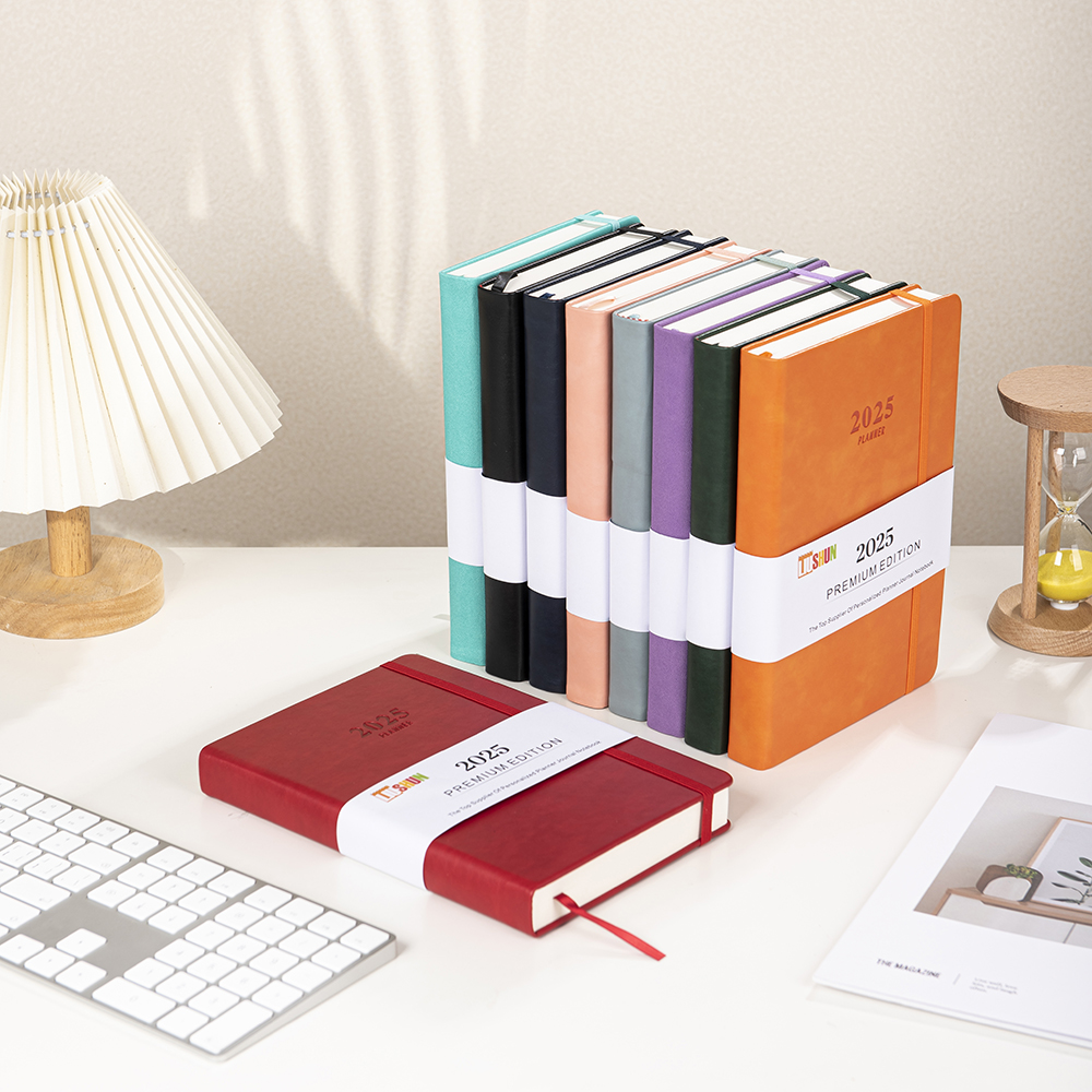 A5 size hardcover pu leather diary 2025 daily planner notebook with elastic band and pen holder