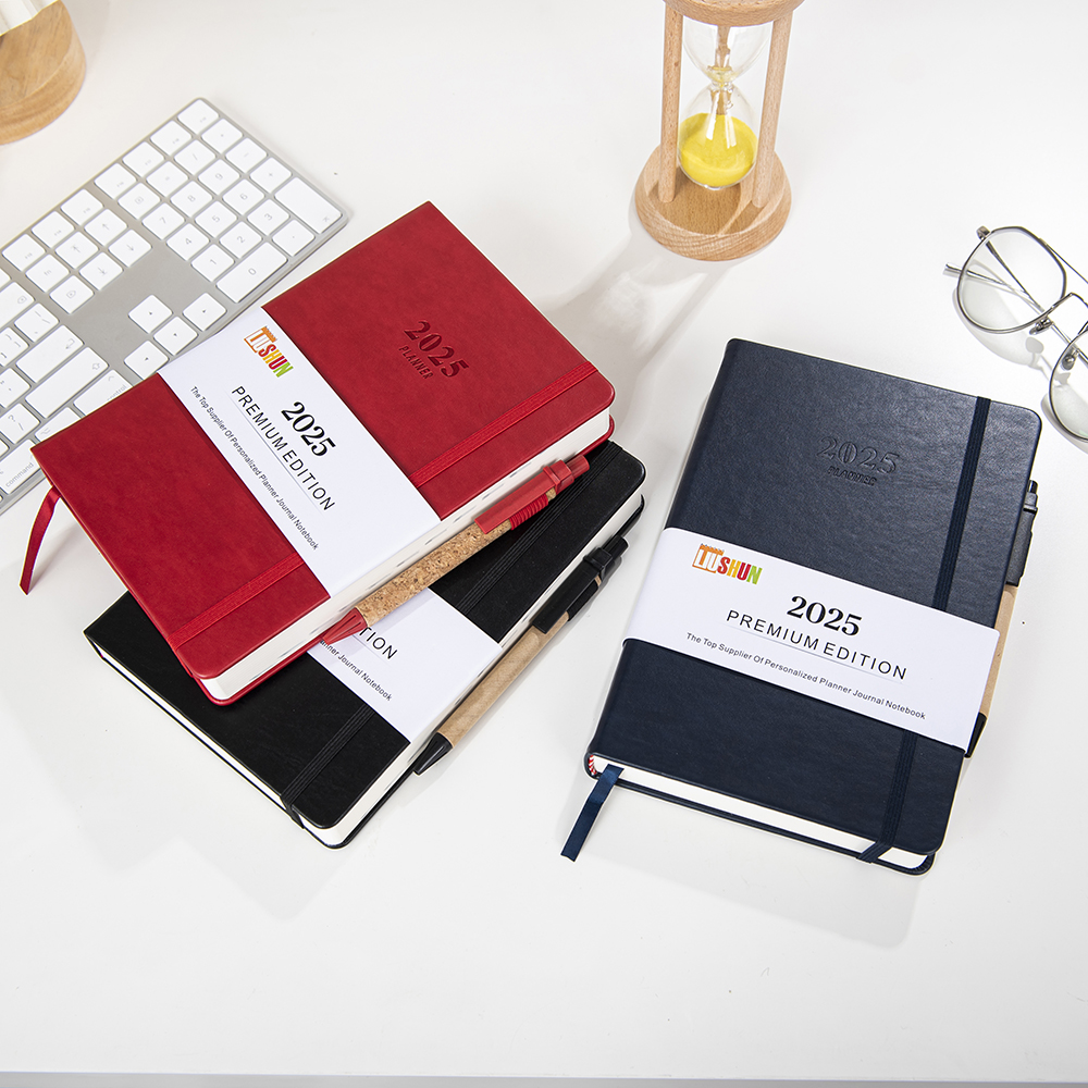 A5 size hardcover pu leather diary 2025 daily planner notebook with elastic band and pen holder