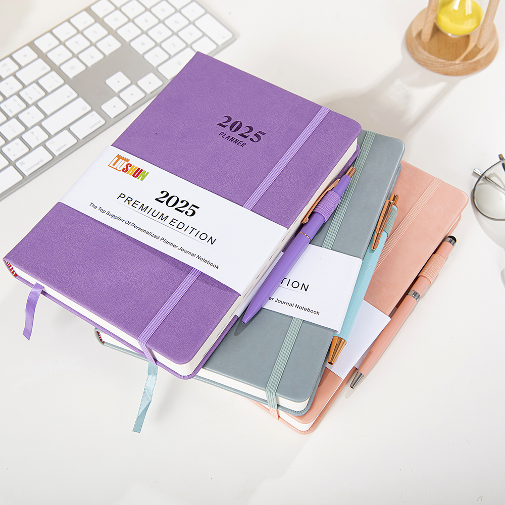 A5 size hardcover pu leather diary 2025 daily planner notebook with elastic band and pen holder