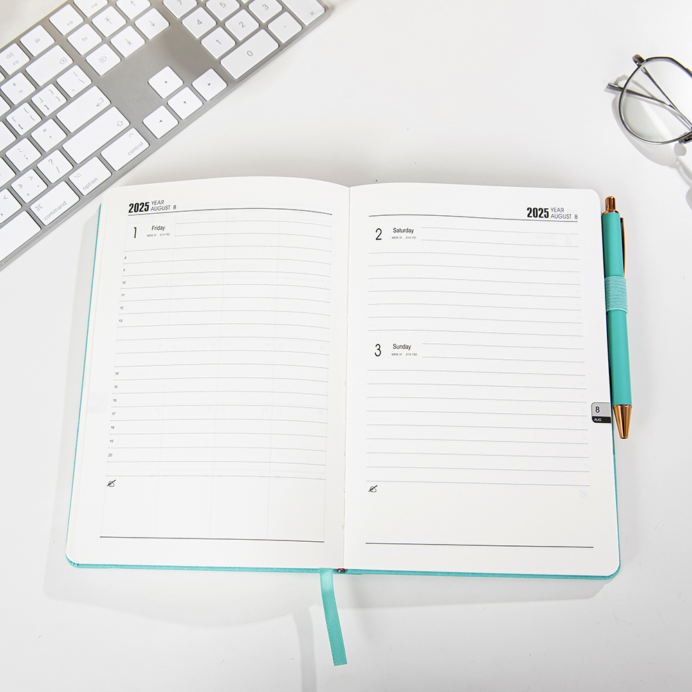 A5 size hardcover pu leather diary 2025 daily planner notebook with elastic band and pen holder