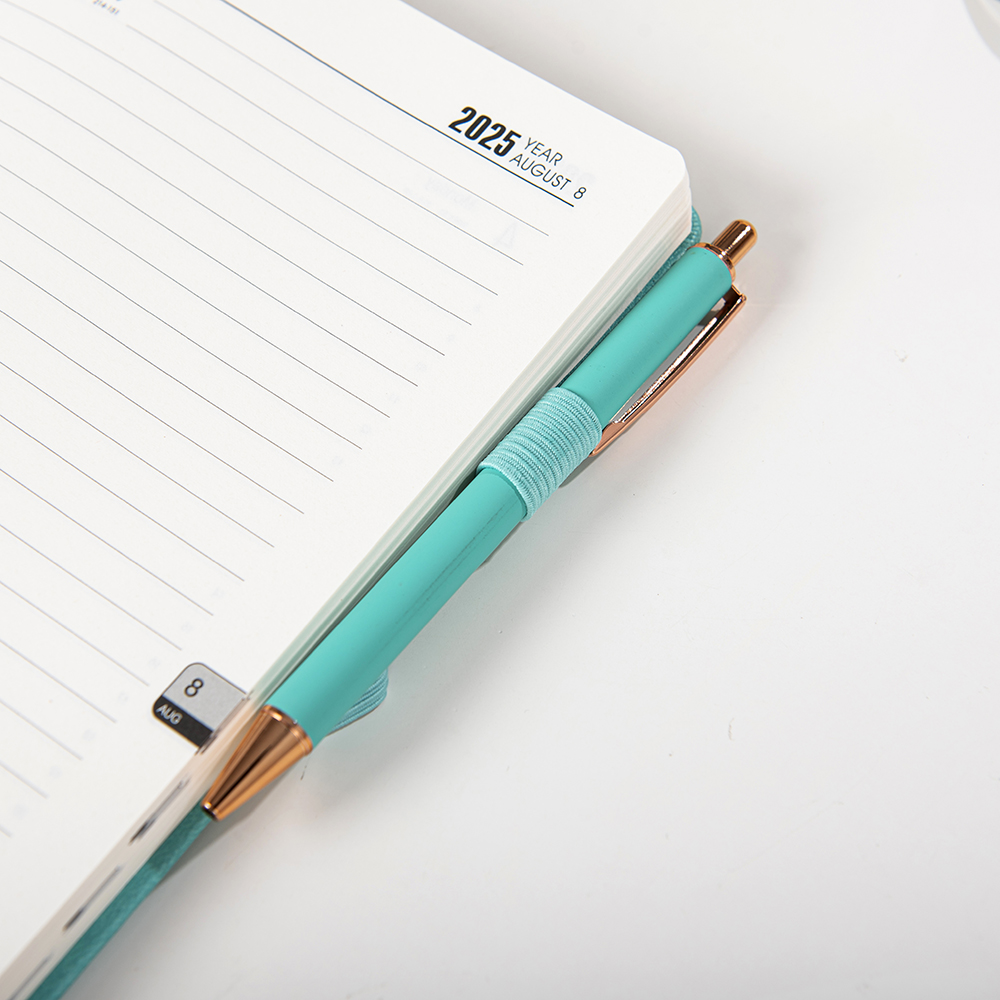 A5 size hardcover pu leather diary 2025 daily planner notebook with elastic band and pen holder